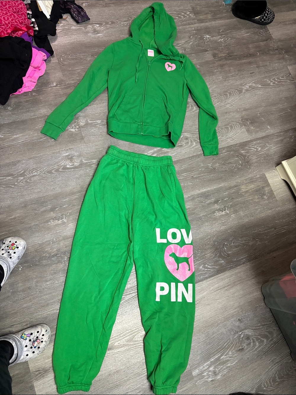 PINK Victoria's Secret womans' Green Shine Hoodie/Joggers with Pink Heart